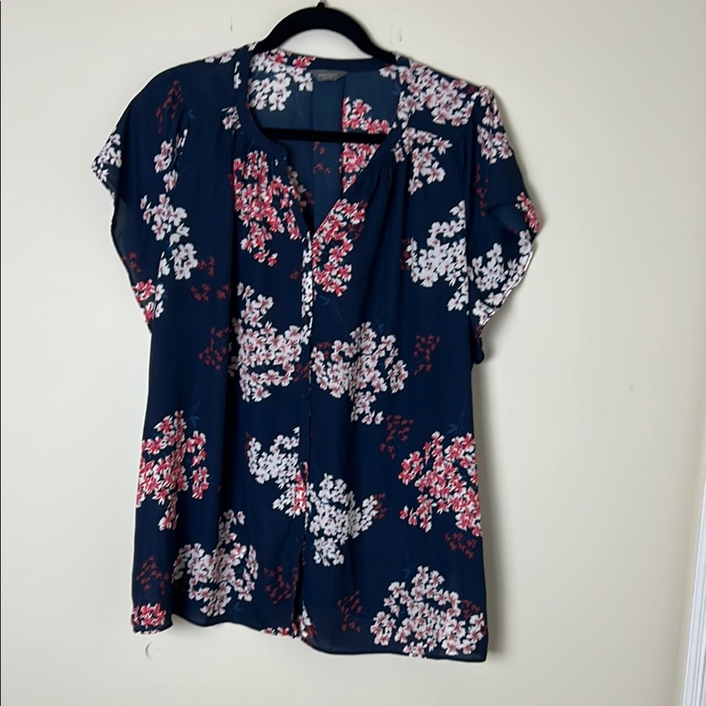 Denver Hayes Navy and Pink Floral Blouse 2XL semi sheer